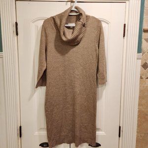 NY&C NWT $59.95 women’s Turtle neck sweater dress size L Tan Ribbed 3/4" Sleeve